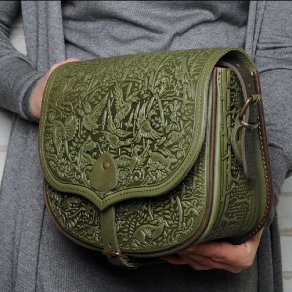 New - Handmade Olive Green Leather Crossbody Satchel Bag with Embossed Animals